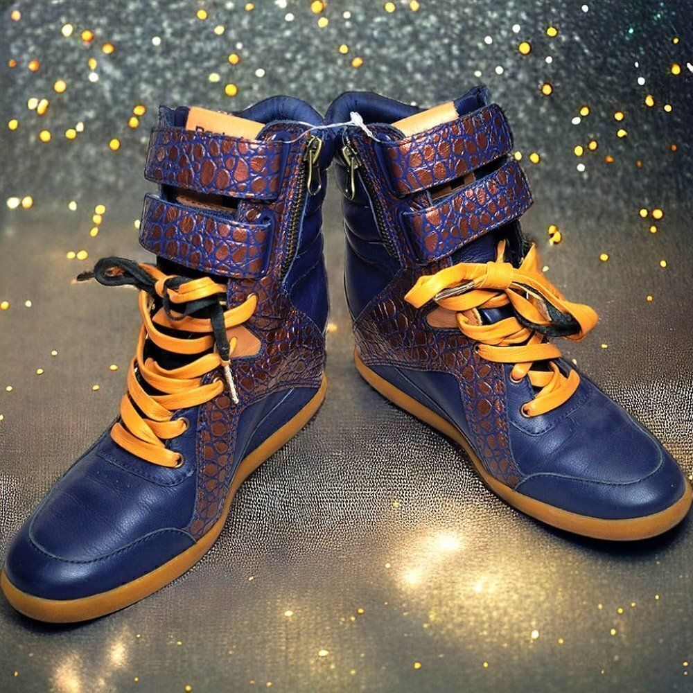 Reebok Alicia Keys leather blue metallic bronze wedge high-top wedge sneakers